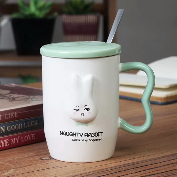 Cute Rabbit Design Pink Ceramic Mug with Stainless Steel Spoon And Lid