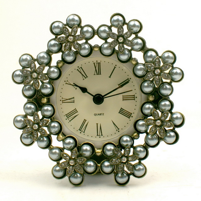 Antique Plated Metal Pewter Jeweled Decorative Crystal Desk Clock