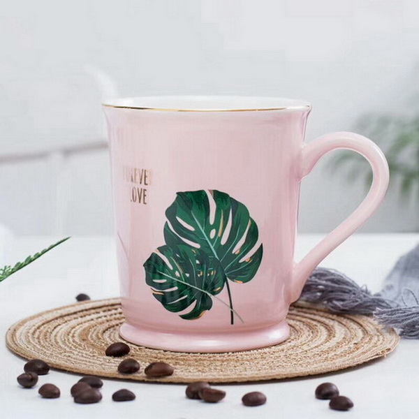 2019 New Fashion Design Tropical Leaves And Flamingo Printing Ceramic Water Mug