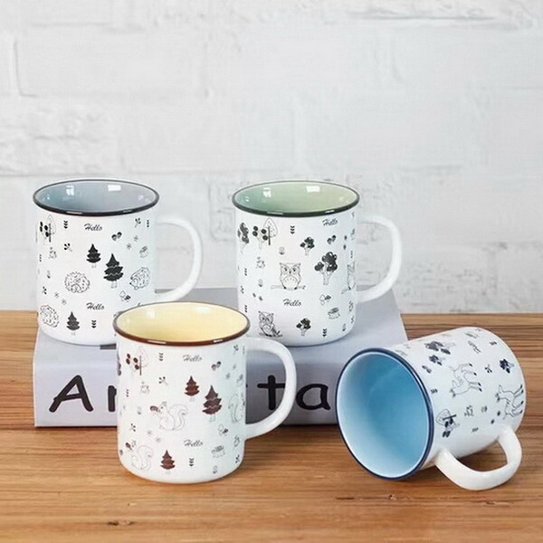 Solid Color Glazed Logo Decal Printed Ceramic Coffee Mugs With Spoons Set