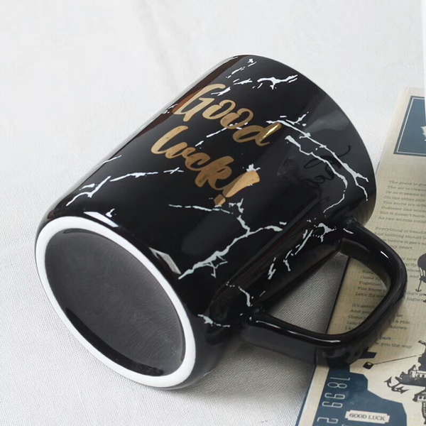 Hand Painted White And Black Marble Ceramic Mug with Spoon