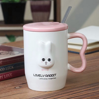 Cute Rabbit Design Pink Ceramic Mug with Stainless Steel Spoon And Lid