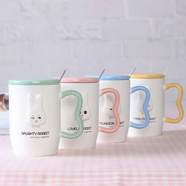 Custom Rabbit Design Ceramic Milk Mug with Spoon And Lid