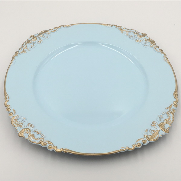 China market Plastic products wholesale sky blue charger plates with gold line