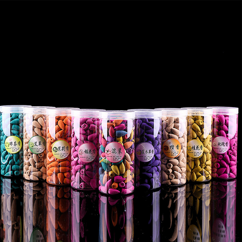 About 200pcs With Plastic Box Mixed Backflow Incense Cones Sandalwood Jasmine Rose Smoke Cone Reflux Tower Incense Bullet 4.4