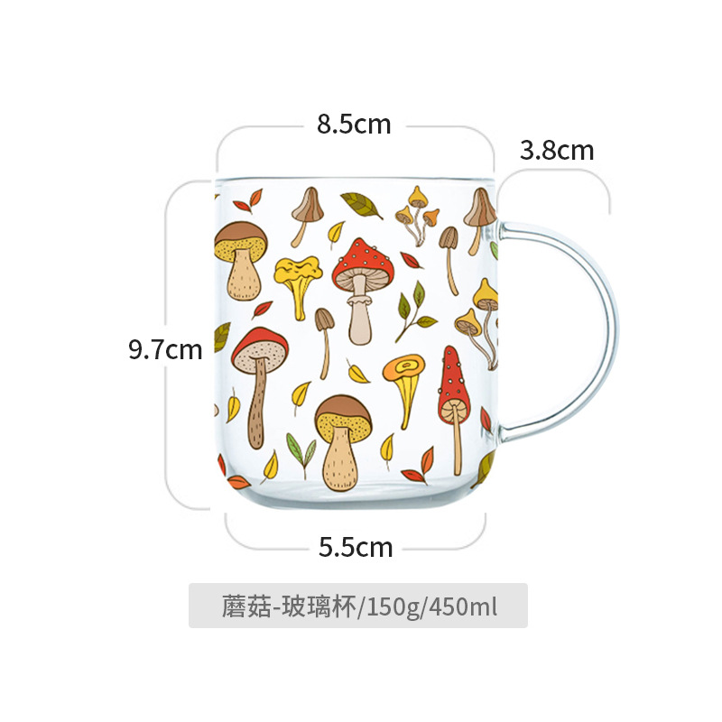 Heat-Resistant with Handle Glass Mug Breakfast Milk Cup Cute Office Home Coffee Mugs Lemon Mushroom Pumpkin Pattern Drinkware