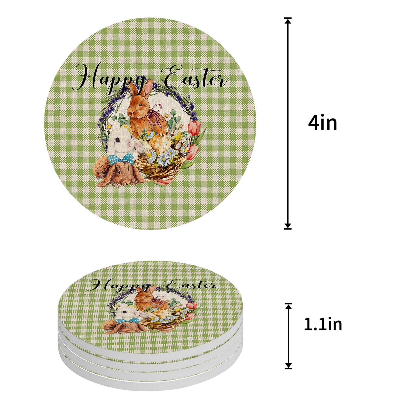 Easter Bunny Eggs Watercolor Plaid Round Ceramic Coaster Coffee Tea Cup Mats Non-slip Placemat Tableware Pads Decorations