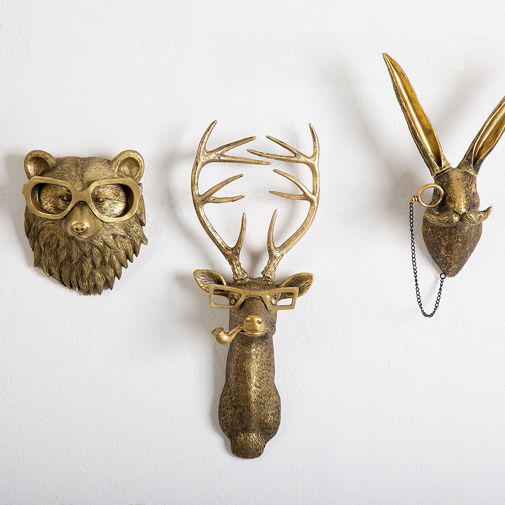 Antique Bronze Resin Animal Pendant Golden Deer Head Wall Storage Hook Up Background Wall Accessories Decorative Figurines