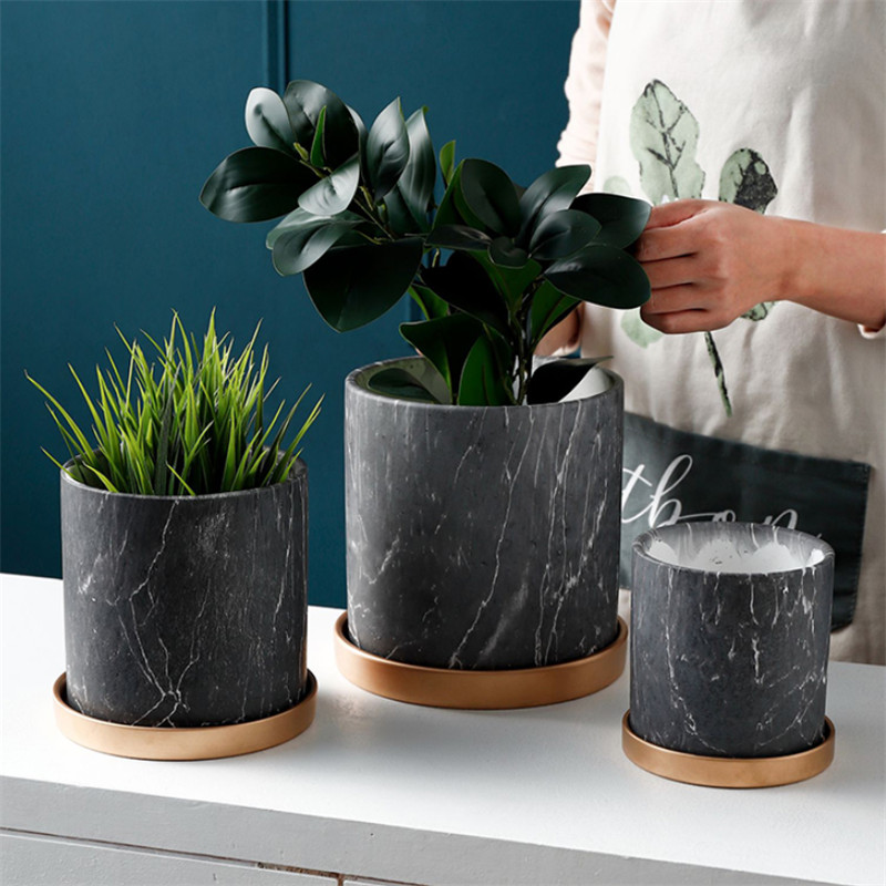 Ceramic Black Marble Pattern Flower Pot Modern Minimalist Nordic Succulents Plants Container with Tray Office Bonsai Home Decor