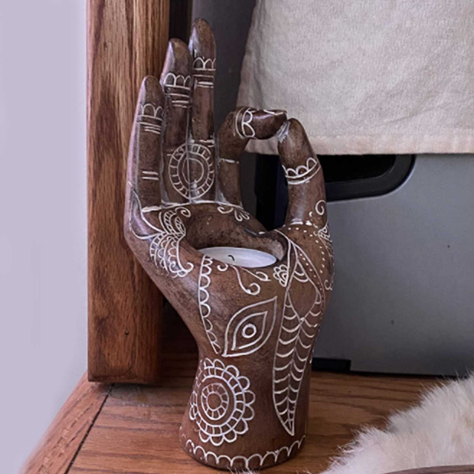 Buddha Candle Holder Mudra Hand Tabletop Tealight Decor 