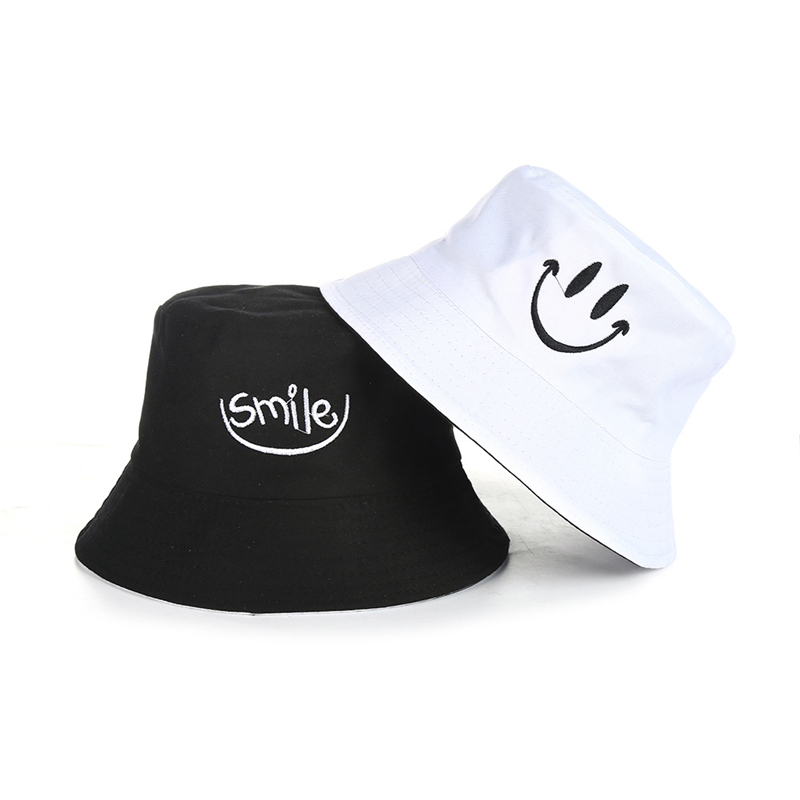 Summer Unisex Bucket Hat Smiley Embroidery Women Cotton Double-Sided Simple Bob Hip Hop Hat Fashion Panama Beach Fishing Sun Cap