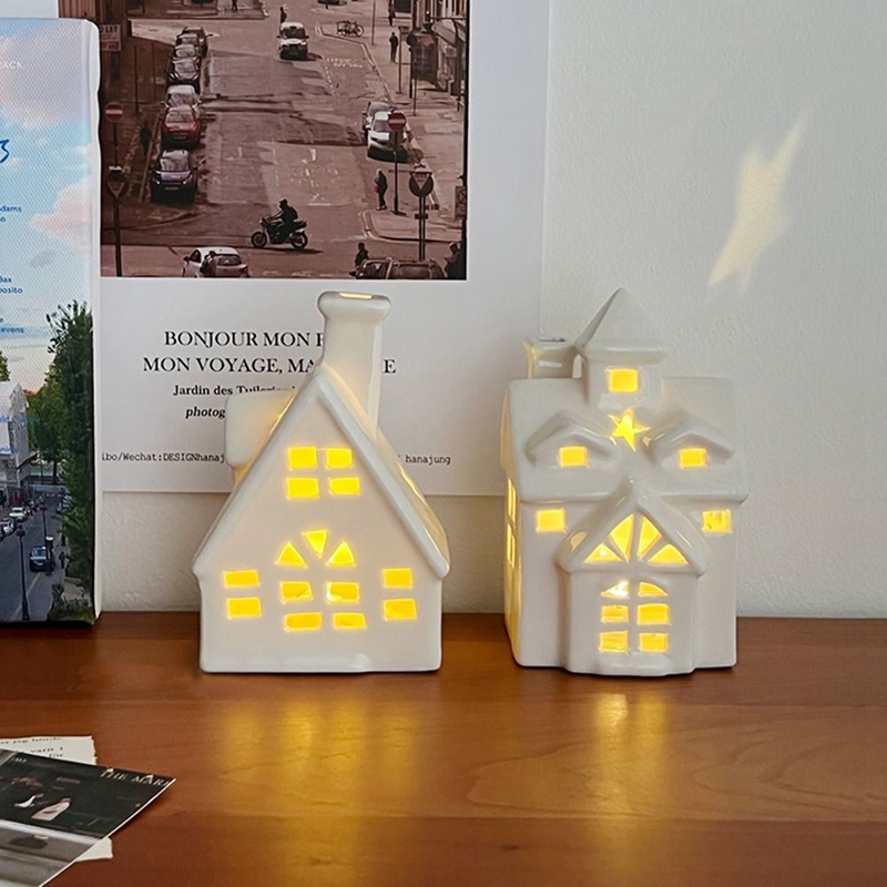 Creative LED Lights Festival Decorations Xmas Ornaments Cone House Ceramic Home Decor Christmas Light
