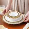Nordic Ceramic Dinner Plate with Gold Beaded Rim Round Dessert Appetizer Serving Dishes Soup Salad Bowl Food Snack Container