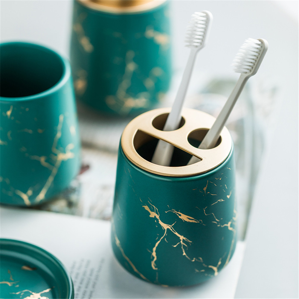 Nordic Bathroom Liquid Soap Dispenser Mouthwash Cup Toothbrush Holder Marble Pattern Ceramic Soap Dish Bath Accessory Set