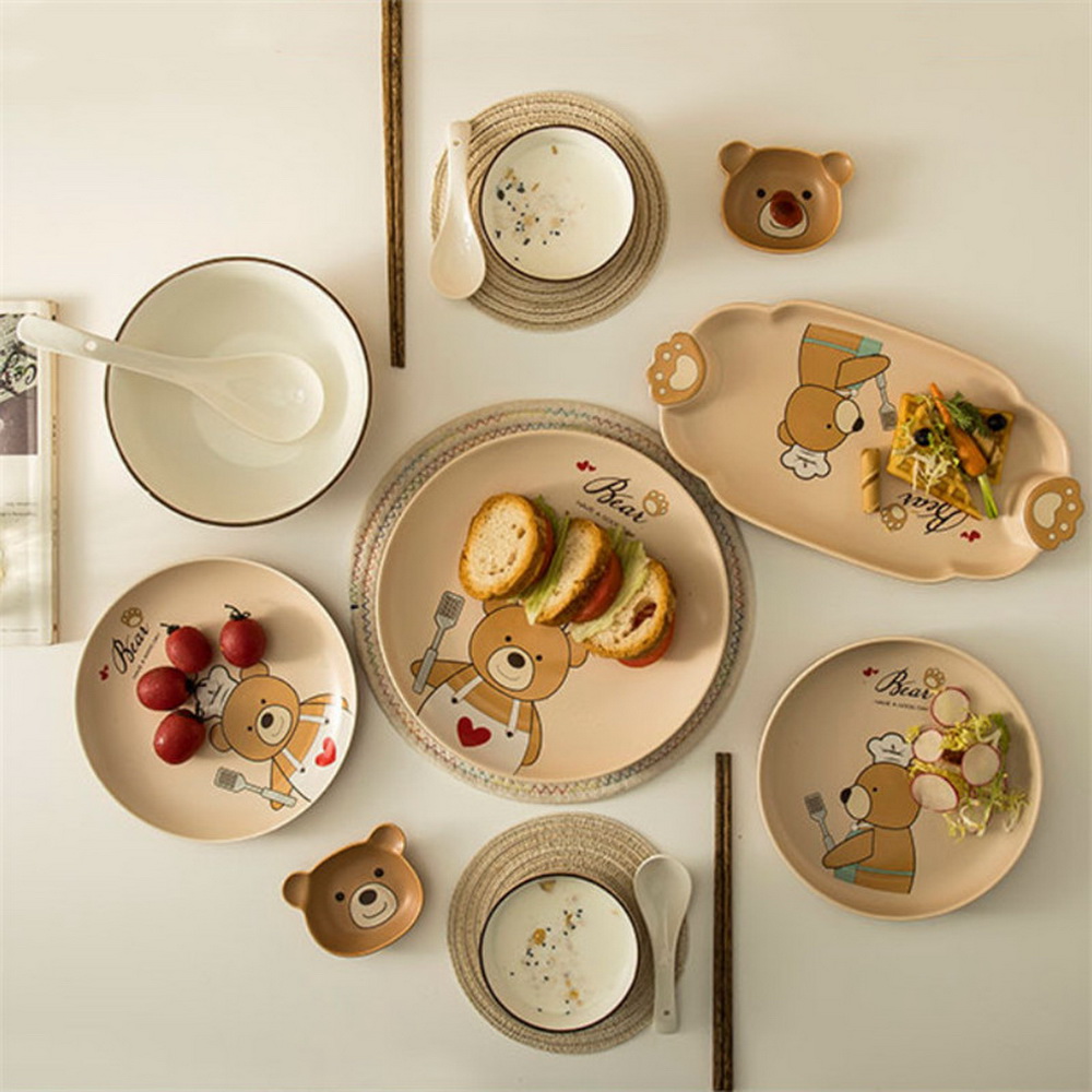 Nordic Cute Cartoon Bear Pattern Porcelain Tableware Household Rice Soup Noodle Bowl Creative Dinner Plate Ceramic Dessert Dish
