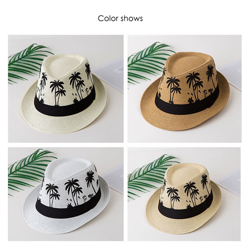 Palm Tree Jazz Hat Sun Protection Unisex Short Brim Straw Hat Shade Breathable Beach Hat Men Summer Cap