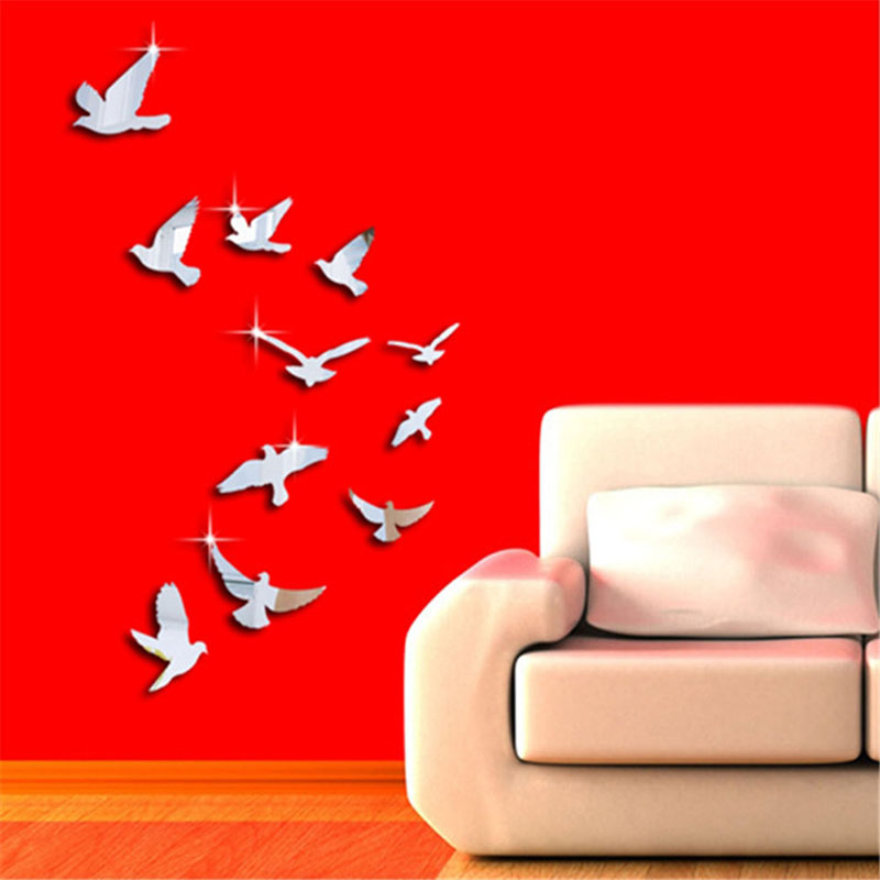 11PCS Flying Birds DIY 3D Acrylic Mirror Wall Sticker Silver Removable Wall Decal Wall Decoration for Living Room Bedroom Home