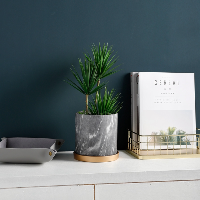Ceramic Black Marble Pattern Flower Pot Modern Minimalist Nordic Succulents Plants Container with Tray Office Bonsai Home Decor