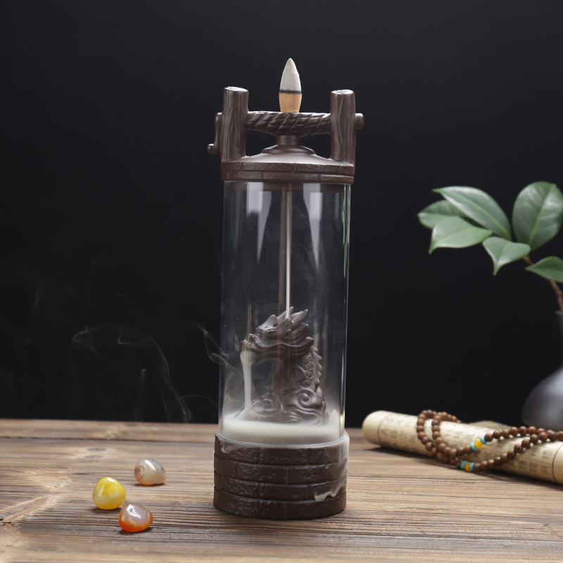 20Cones Chinese Dragon Incense Burner Ceramic Waterfall LED Light Incense Cones Holder Aroma Censer With Acrylic Windproof Cover