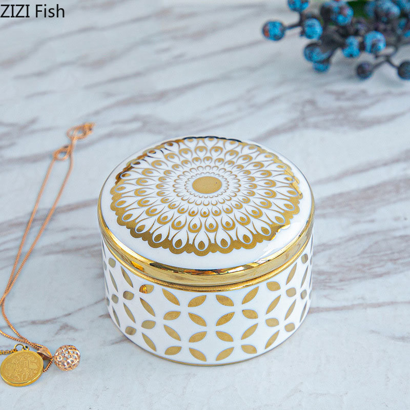 Gold Plated Pattern Storage Tank Tea Canister Minimalist Round Ceramic Storage Jar And Lids Candy Pots Porcelain Jewelry Box