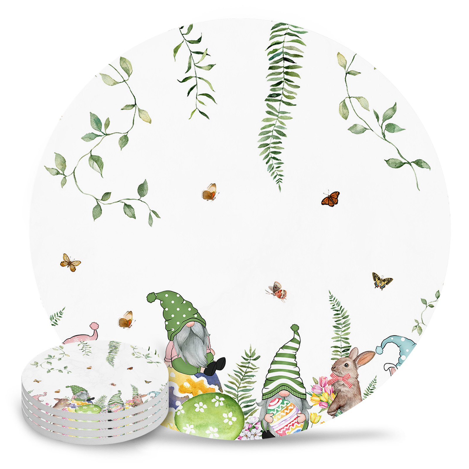 Easter Egg Rabbit Gnome Tulip Flower Round Ceramic Coaster Coffee Tea Cup Mats Non-slip Placemat Tableware Pads Decorations