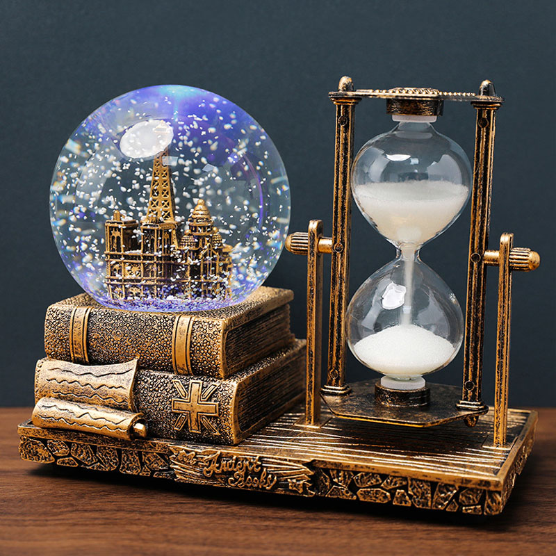 Vintage Tower Luminous Snow Globe with Music Hourglass Crystal Ball Retro Glass Ball Desk Decoration Ornaments Christmas Gift