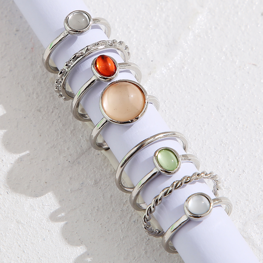 Vintage Colorful Stone Metallic Chain Trendy Geometry Hit Rings Set