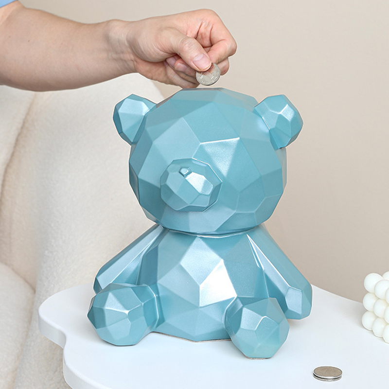 Resin Geometric Teddy Bear Piggy Bank Figurines for Interior Europe Animal Coin Storage Container Home Desktop Decor
