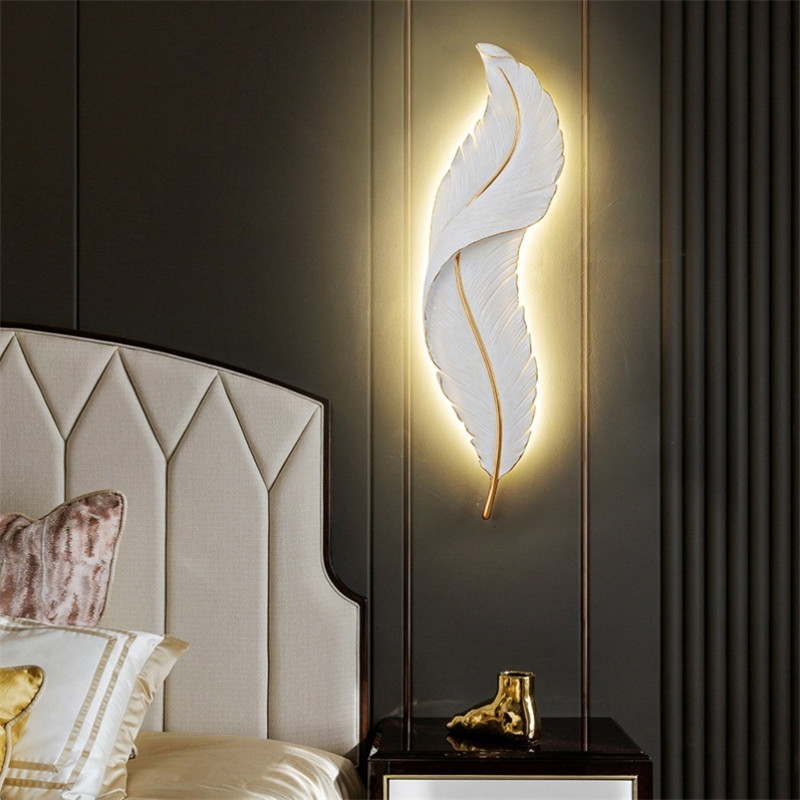 Nordic Modern Creative Feather Light Led Wall Lamp Bedroom Bedside Lighting Living Room Tv Background Wall Decoration Resin Lamp