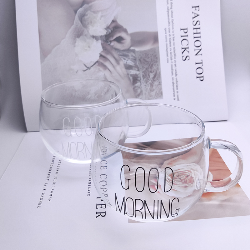 1pcs Letter Printed Transparent Creative Glass Coffee Tea Mug Drinks Dessert Breakfast Milk Cup Glass Mugs Handle Drinkware