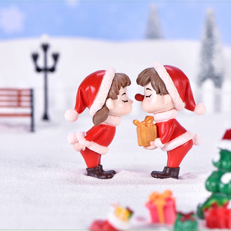 2 Pcs Mini Christmas Couple Figurine for Doll Ornament People Ceramics Figure Crafts Decoration Accs for Tabletop Bedroo