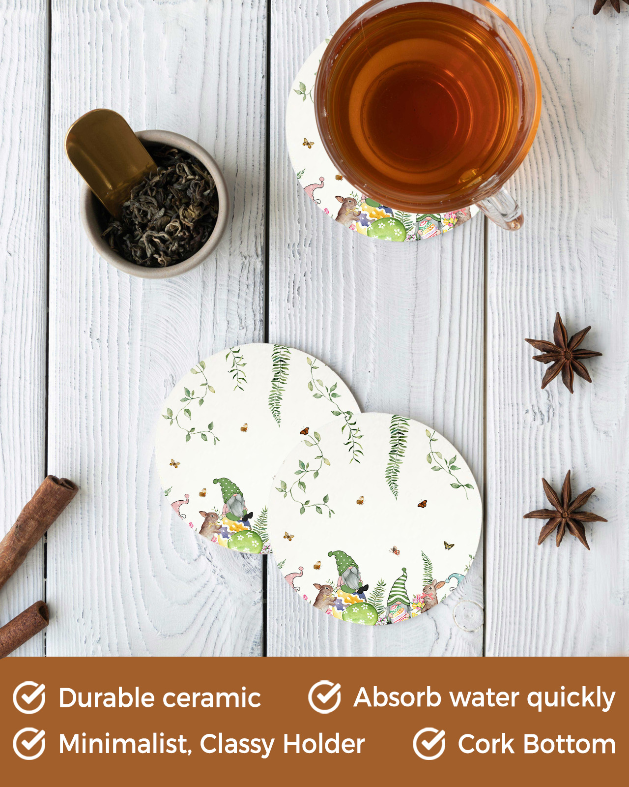 Easter Egg Rabbit Gnome Tulip Flower Round Ceramic Coaster Coffee Tea Cup Mats Non-slip Placemat Tableware Pads Decorations