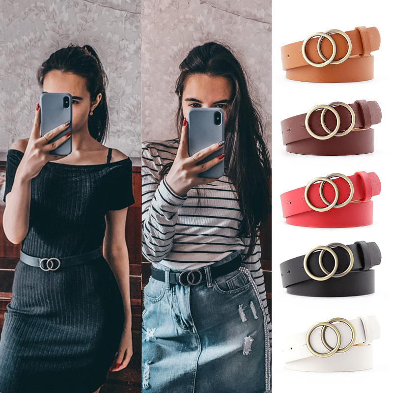 Double Ring Belts For Women Fashion Dress Jeans Belt PU Leather Metal Buckle