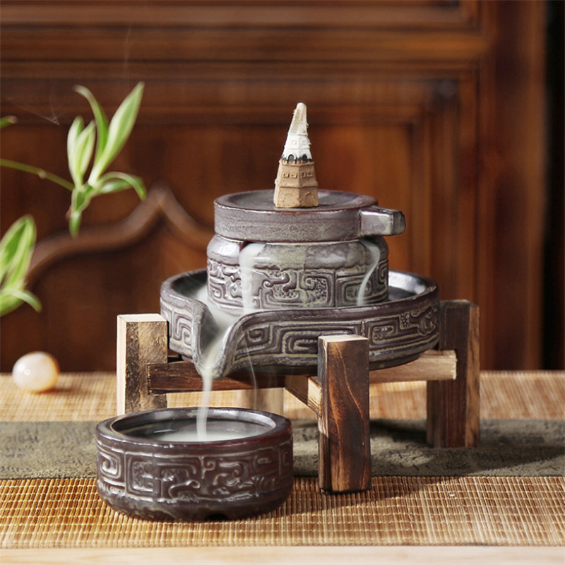 Ceramic Retro Ceramic Backflow Incense Burner Waterfall Censer Incense Holder Aromatherapy Furnace Home Decoration