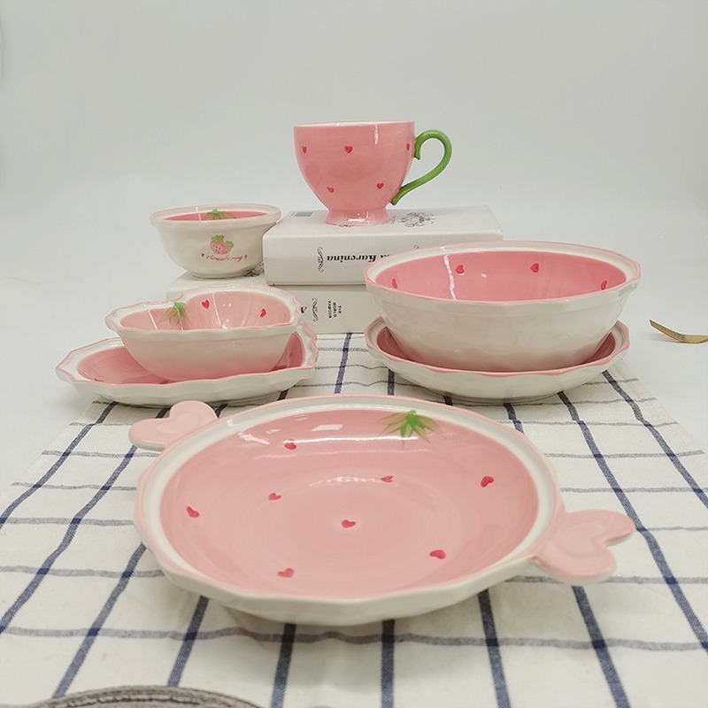 Ceramic Pink Strawberry Decorative Plate Jewelry Dish Plate Living Room Office Decoration Tableware Breakfast Bowl Home Decor