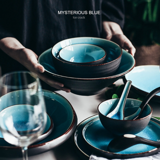 Ice Cracking Glaze Ceramic Tableware Household Dishes Rice Bowls Steamed Fish Dishes Porcelain Blue Dinner Plates Cutlery Set