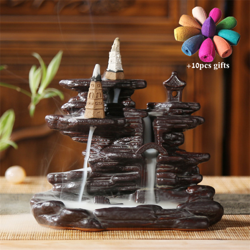 Ceramic Retro Ceramic Backflow Incense Burner Waterfall Censer Incense Holder Aromatherapy Furnace Home Decoration