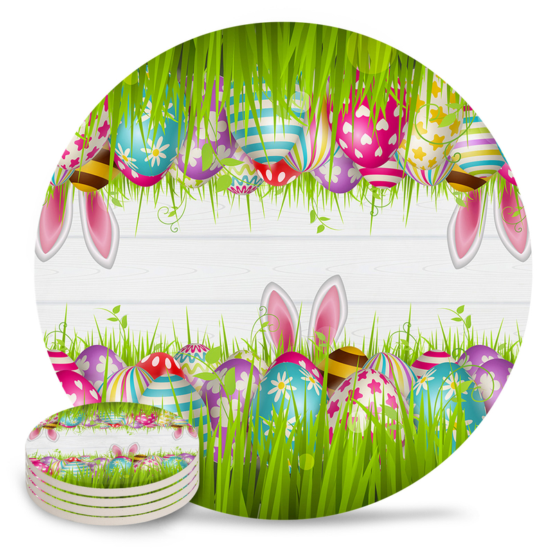 Easter Eggs Rabbit Ears Grass Round Ceramic Coaster Coffee Tea Cup Mats Non-slip Placemat Tableware Pads Decorations