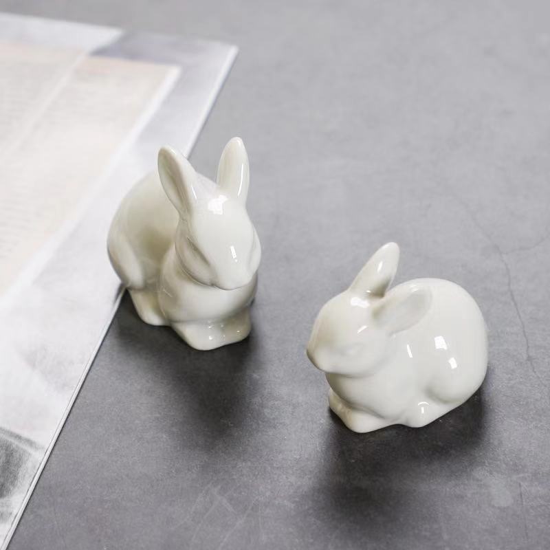 White Ceramic Bunnies Home Tabletop Bookshelf Easter Decorations Bunny Microlandscape Ornament For Garden Backyard Decor Crafts