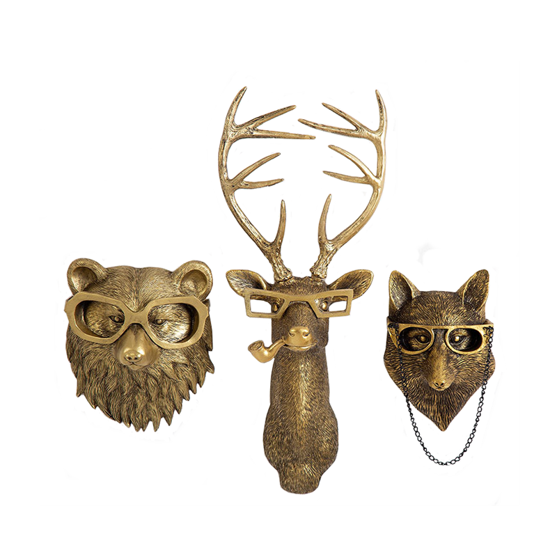 Antique Bronze Resin Animal Pendant Golden Deer Head Wall Storage Hook Up Background Wall Accessories Decorative Figurines