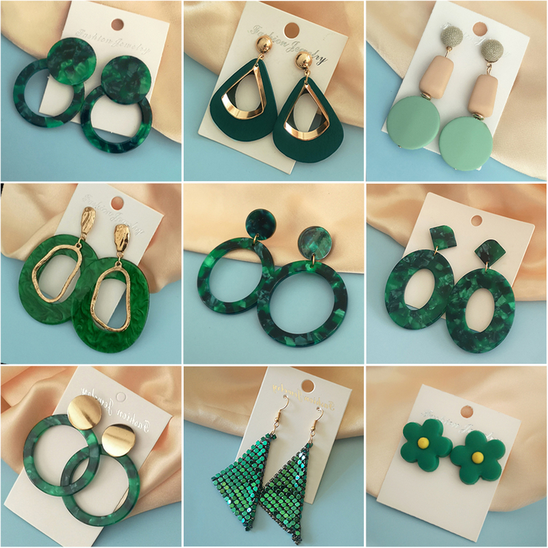 Fashion Statement Earrings Vintage Green Resin Leaf Earrings For Women 2021 Trend Gold Geometric Hanging Earrings Female Jewelry