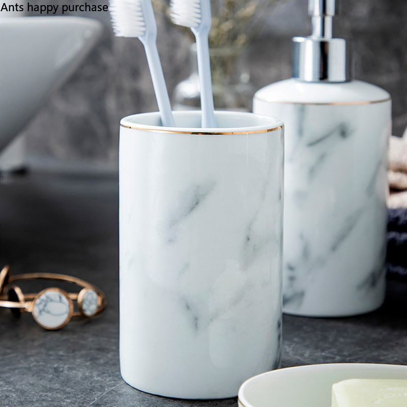 Gray Marbling Bathroom Set Ceramics Lotion Bottle Mouth Cup Soap Dish Plastic Rectangular White Tray Bathroom Five Piece Set