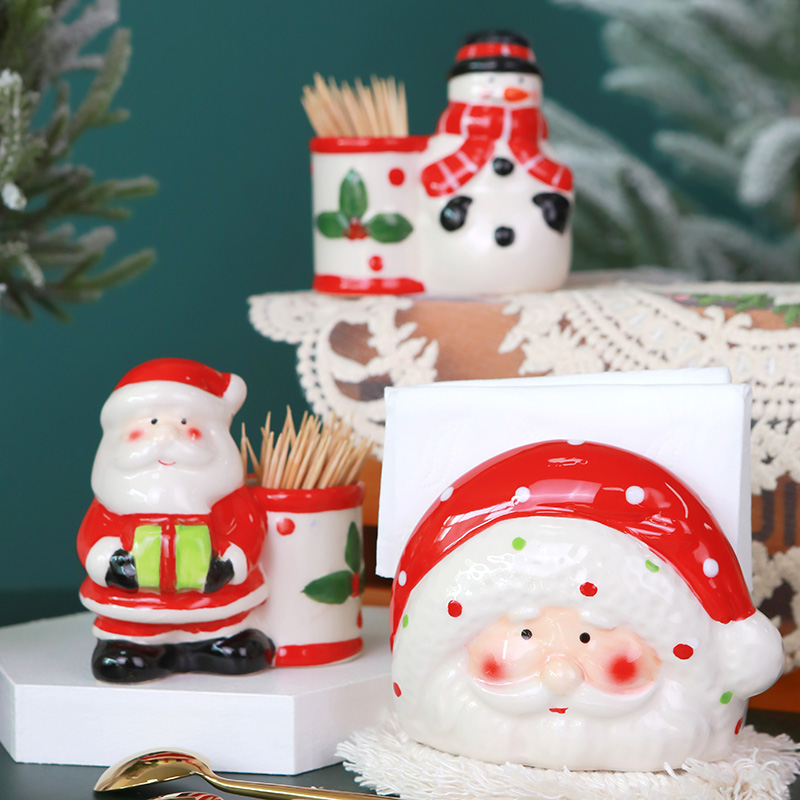 Christmas Table Decoration Santa Claus Snowman Painted Ceramic Tooth Holder Toothpick Box