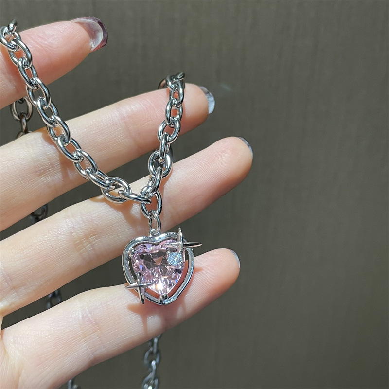 Accessories Fashion Peach Heart Water Drop Pendant Necklace Pink Crystal Egirl Sweet Cool Clavicle Chain Aesthetic Jewelry