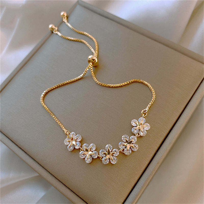 Elegant Inlaid Rhinestone Korean Bracelets Gold Colour Flower Charm Bracelet For Women Fashion Jewelry Accessories Party Gifts
