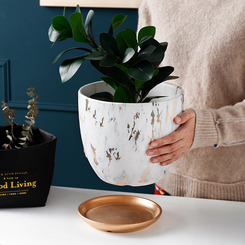 1pc Ceramic Flower Pot Marble Pattern Literary Flower Pot Modern Nordic Style