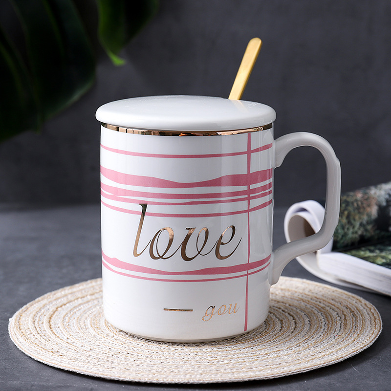 Internet Famous Custom Logo Marbling Ceramic Coffee Mug Cup With Lid Spoon