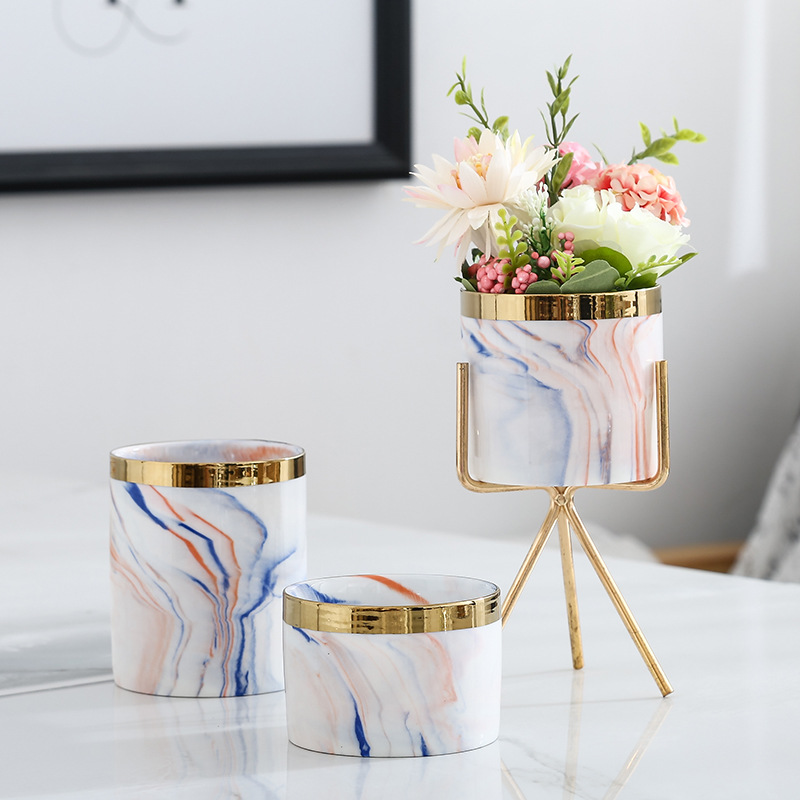 Modern Ceramic Desktop Planter Succulent Flower Pot with Metal Stand Home Decoration