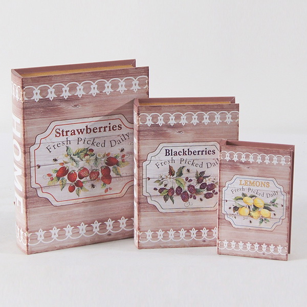 Vintage Decorative Canvas Printing Wooden Book Box of S/3