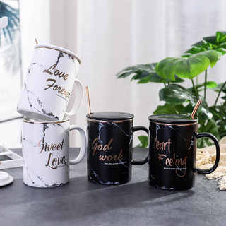 Custom Personalized Classic Black White Ceramic Mug Gold-plated Cup Reusable Coffee Mug with Lid Spoon